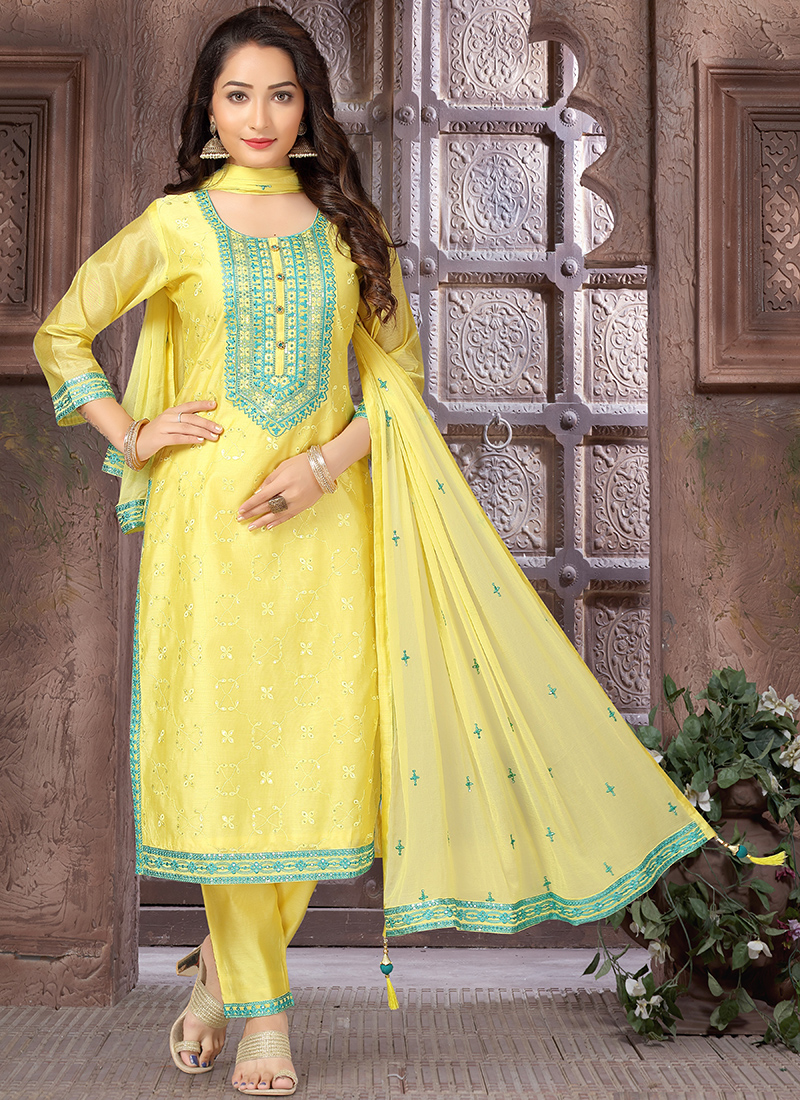 Buy Festival Wear Lemon Embroidery Work Chanderi Silk Readymade Salwar Suit Online From Surat Wholesale Shop